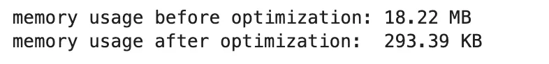 Text output showing memory usage before and after optimization in Pandas. The memory usage decreases significantly from 18.22 MB to 293.39 KB, demonstrating the effectiveness of data type optimization and efficient memory management in Python's Pandas library